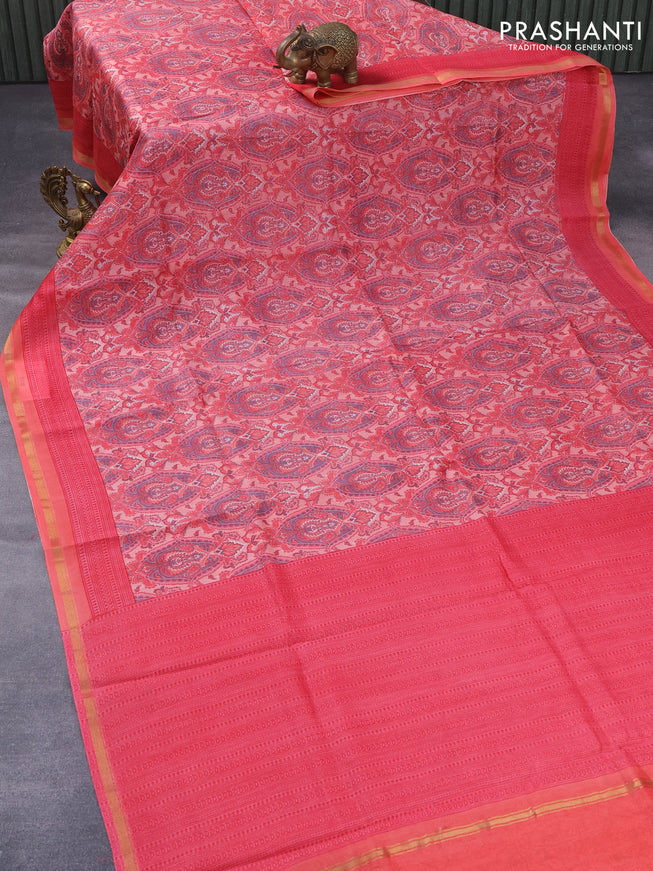 Chanderi silk cotton saree peach pink shade with allover prints and woven border
