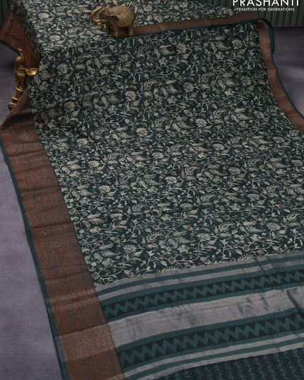 Chanderi silk cotton saree dark green with allover prints and woven border
