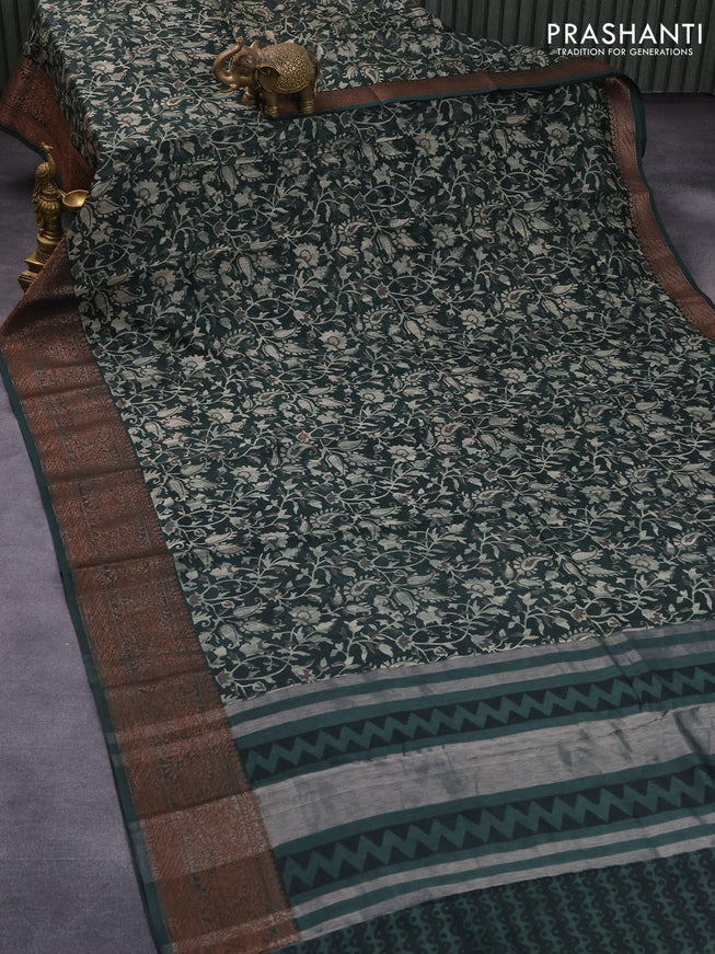 Chanderi silk cotton saree dark green with allover prints and woven border