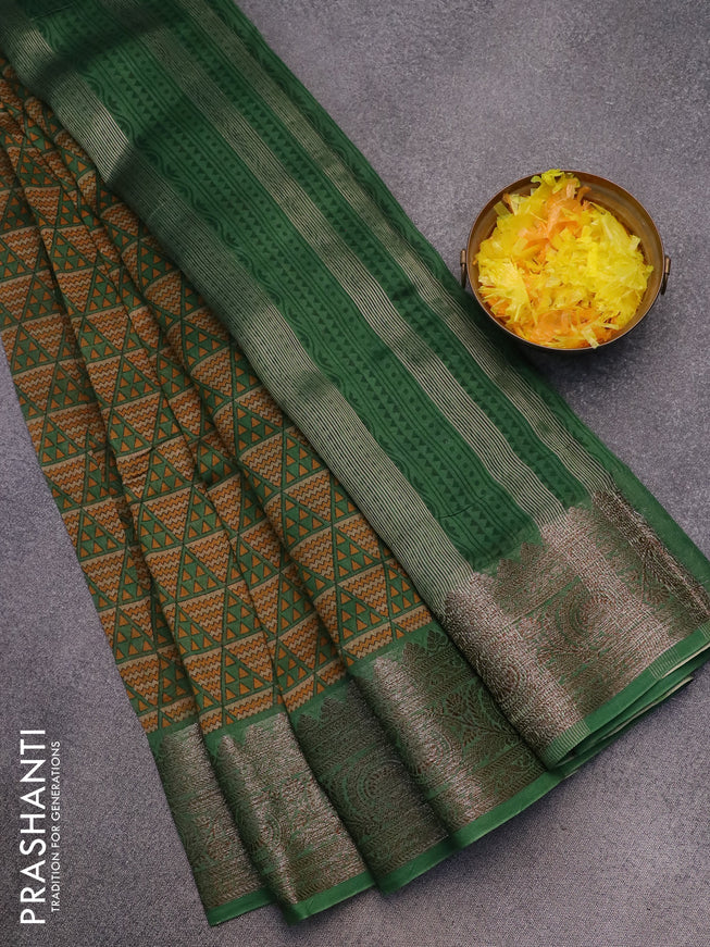Chanderi silk cotton saree green beige and green with allover geometric prints and woven border