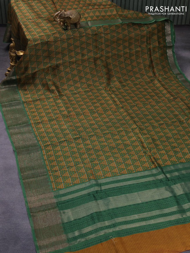 Chanderi silk cotton saree green beige and green with allover geometric prints and woven border