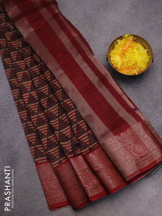 Chanderi silk cotton saree elephant grey and maroon with allover geometric prints and woven border