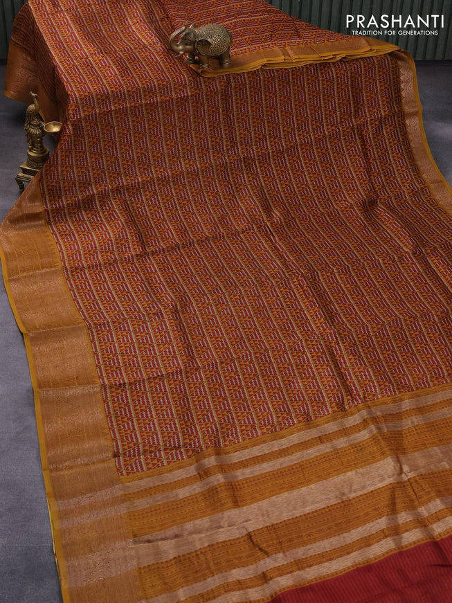 Chanderi silk cotton saree maroon and dark mustard with allover geometric prints and woven border