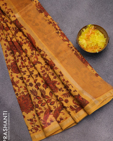 Chanderi silk cotton saree mustard yellow with allover floral prints and small zari woven border