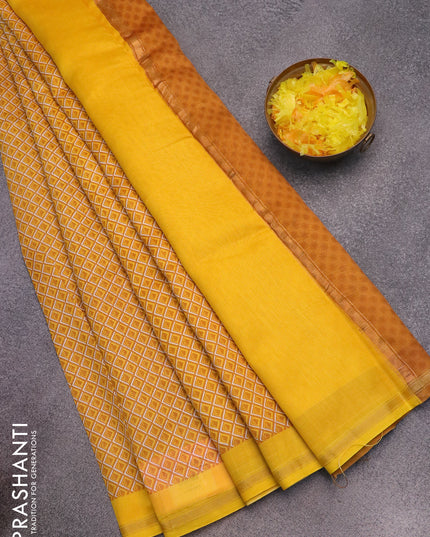 Chanderi silk cotton saree yellow with allover geometric prints and small zari woven border