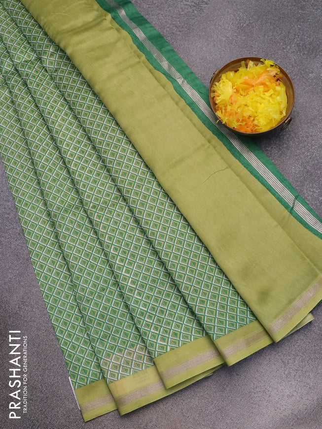 Chanderi silk cotton saree green and light green with allover geometric prints and small zari woven border