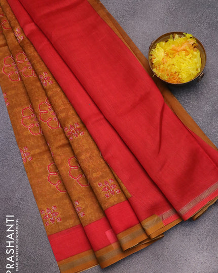 Chanderi silk cotton saree dark mustard and red with allover butta prints and small zari woven border