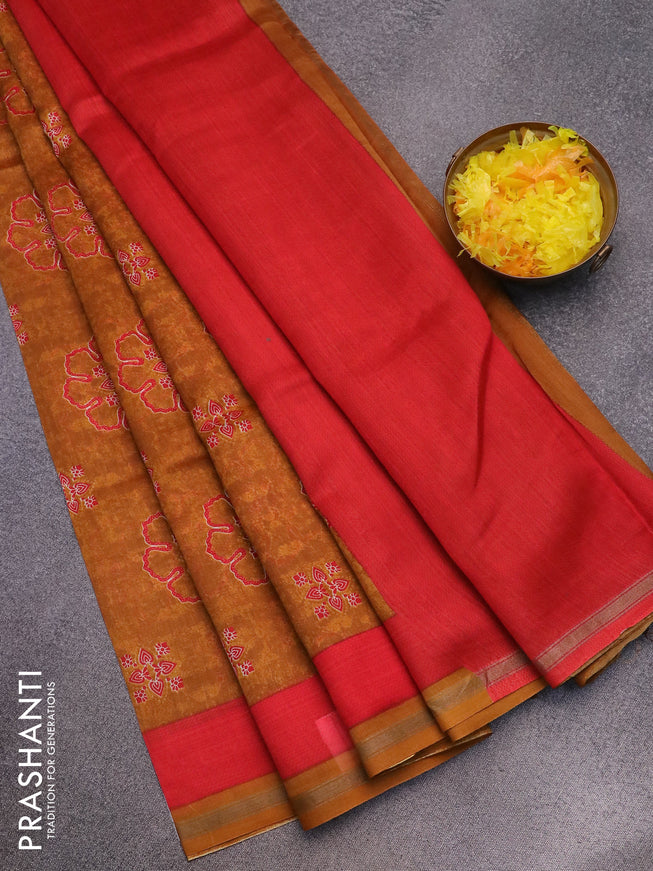 Chanderi silk cotton saree dark mustard and red with allover butta prints and small zari woven border