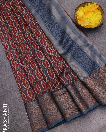 Chanderi silk cotton saree maroon and grey with allover prints and woven border