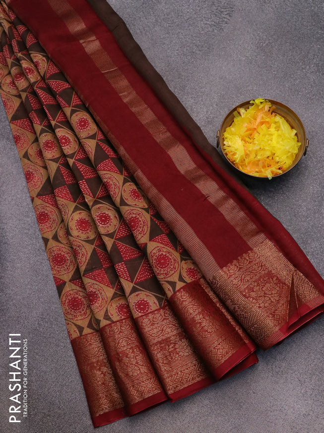 Chanderi silk cotton saree brown sandal and maroon with allover prints and woven border