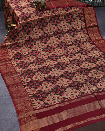 Chanderi silk cotton saree brown sandal and maroon with allover prints and woven border