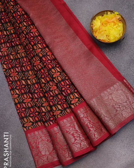 Chanderi silk cotton saree black and maroon with allover geometric prints and woven border