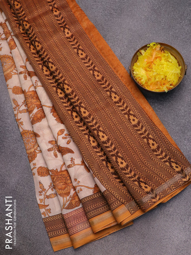 Chanderi silk cotton saree cream and mustard yellow with allover floral prints and woven border