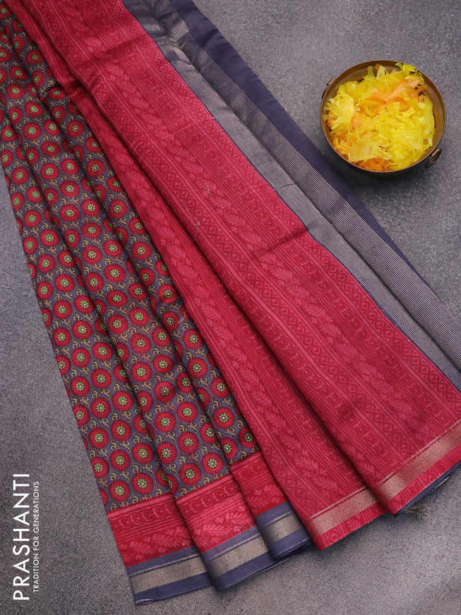 Chanderi silk cotton saree grey and pink with allover floral butta prints and small zari woven border