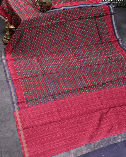 Chanderi silk cotton saree grey and pink with allover floral butta prints and small zari woven border