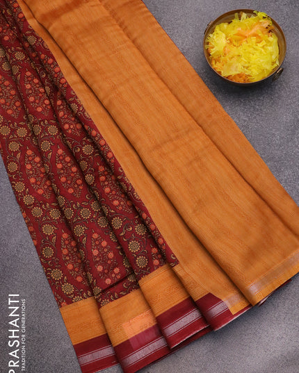 Chanderi silk cotton saree maroon and mustard yellow with allover floral prints and small zari woven border