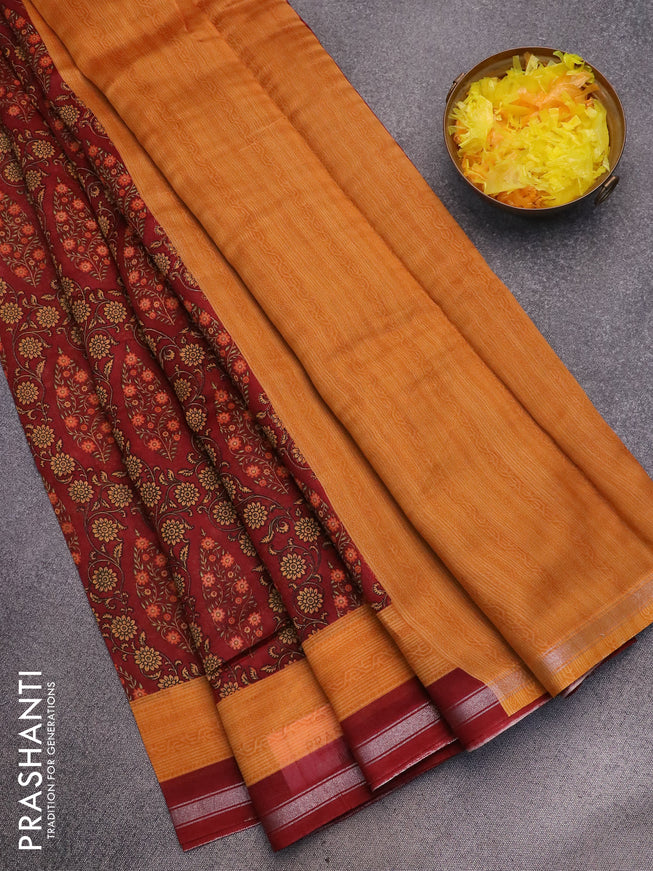 Chanderi silk cotton saree maroon and mustard yellow with allover floral prints and small zari woven border