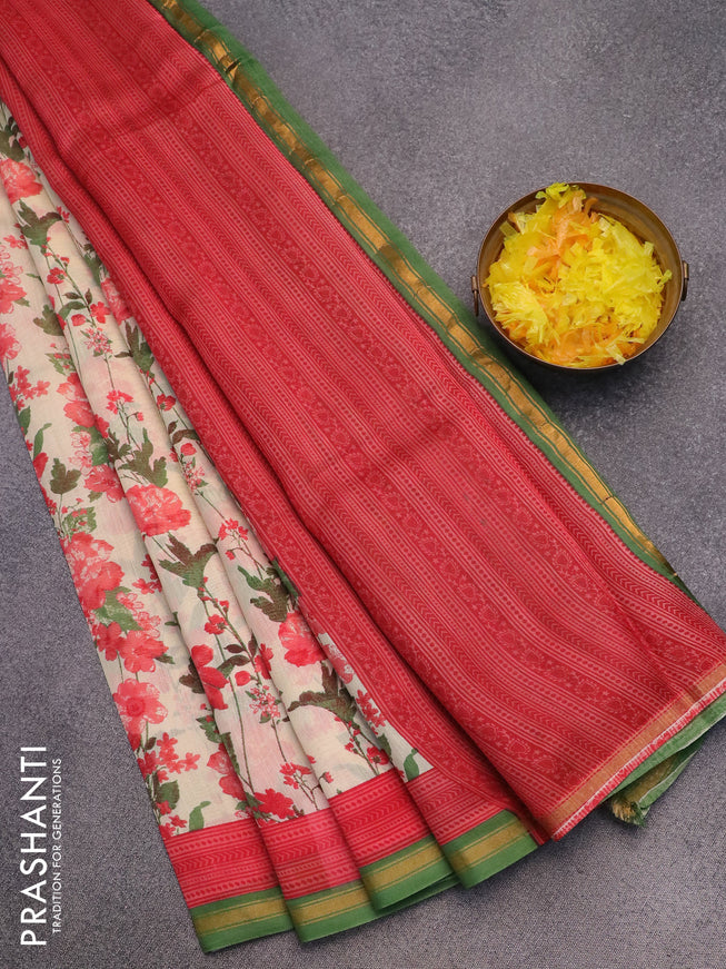 Chanderi silk cotton saree cream and pink green with allover prints and woven border