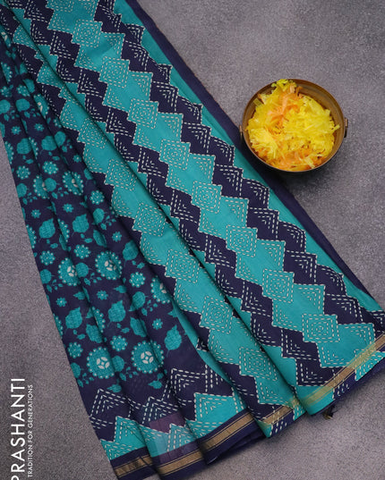 Chanderi silk cotton saree navy blue and teal green with allover prints and zari woven border