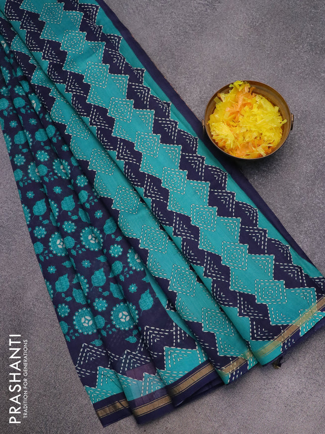 Chanderi silk cotton saree navy blue and teal green with allover prints and zari woven border