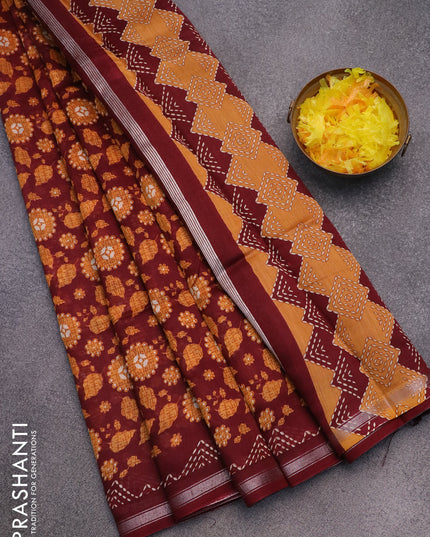 Chanderi silk cotton saree maroon and mustard yellow with allover prints and zari woven border