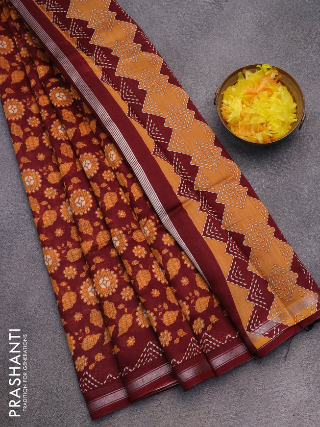 Chanderi silk cotton saree maroon and mustard yellow with allover prints and zari woven border
