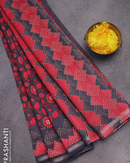 Chanderi silk cotton saree grey and red with allover prints and zari woven border