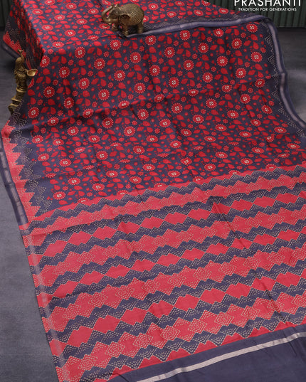 Chanderi silk cotton saree grey and red with allover prints and zari woven border