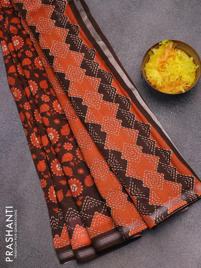 Chanderi silk cotton saree brown and orange with allover prints and zari woven border