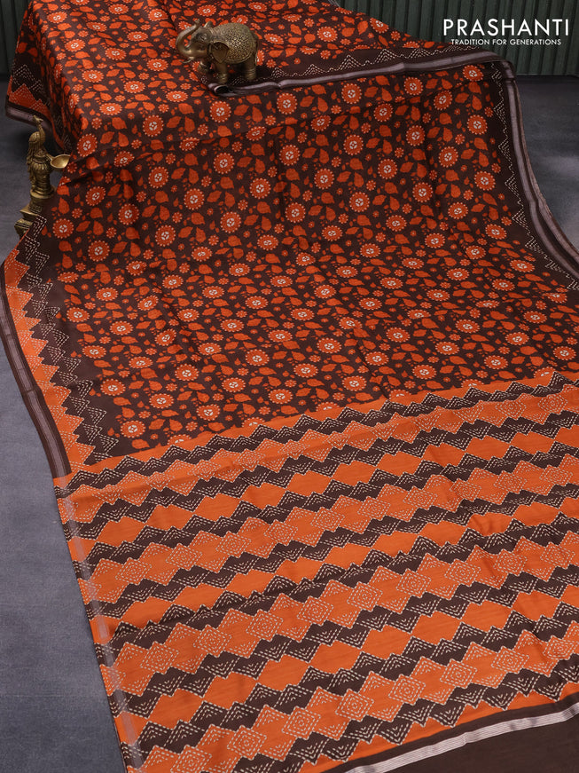 Chanderi silk cotton saree brown and orange with allover prints and zari woven border