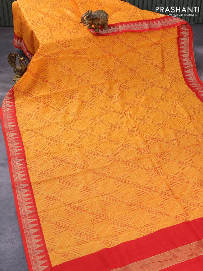 Chanderi silk cotton saree mango yellow and red with allover bandhani prints and zari woven border