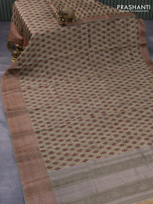 Chanderi silk cotton saree khaki shade and grey with allover prints and woven border