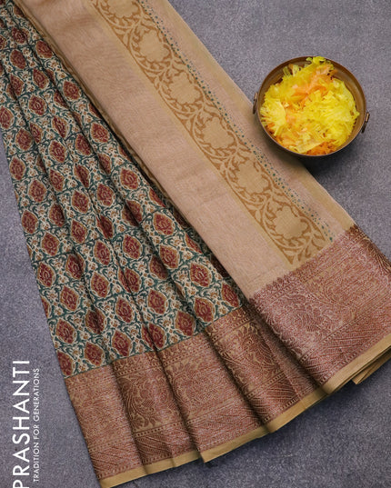 Chanderi silk cotton saree green and khaki shade with allover prints and woven border