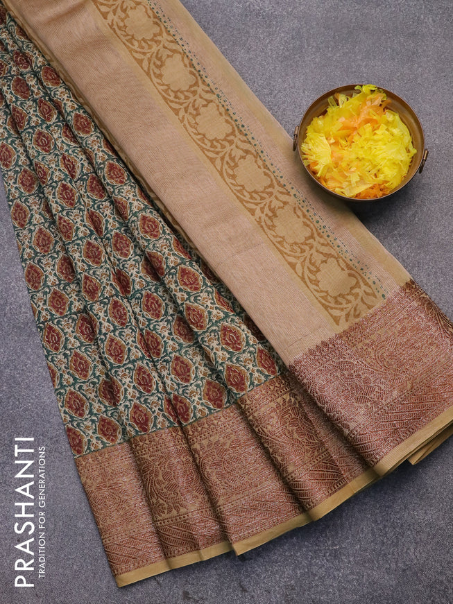 Chanderi silk cotton saree green and khaki shade with allover prints and woven border