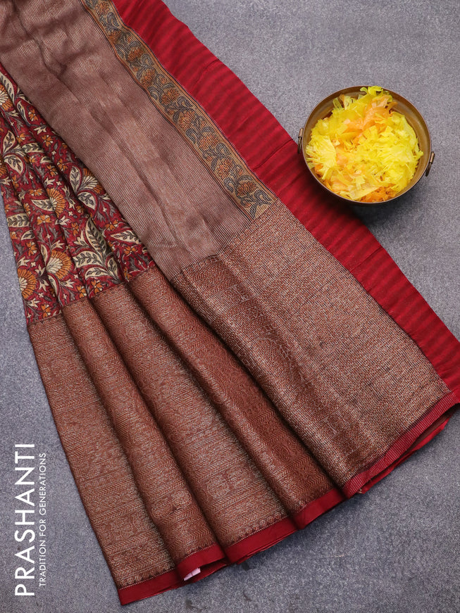 Chanderi silk cotton saree maroon and brown with allover floral prints and long banarasi style border