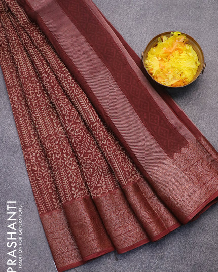 Chanderi silk cotton saree deep maroon with allover floral prints and woven border