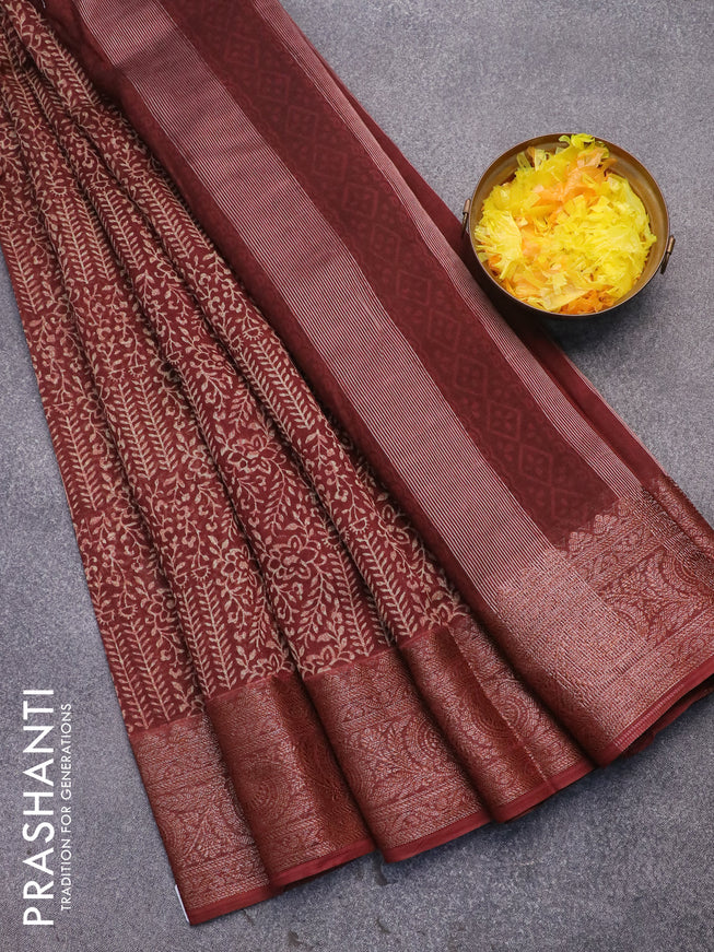 Chanderi silk cotton saree deep maroon with allover floral prints and woven border