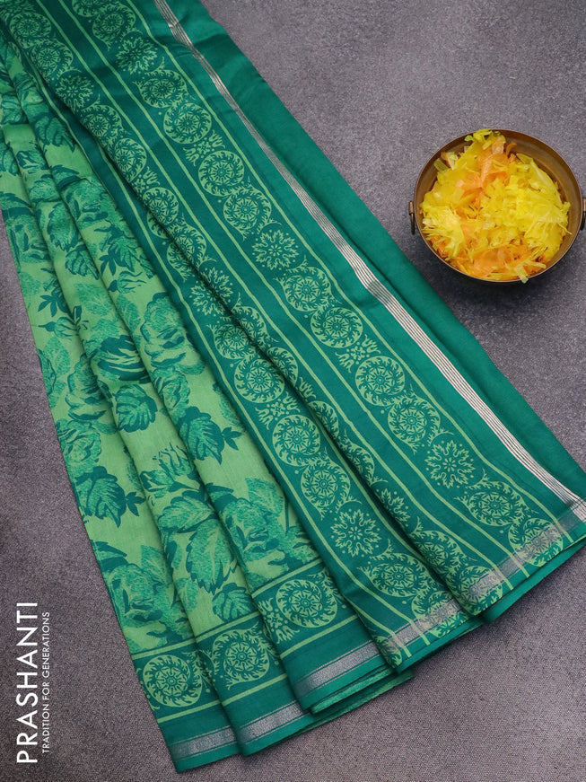 Chanderi silk cotton saree green and teal green with allover floral prints and small zari woven border