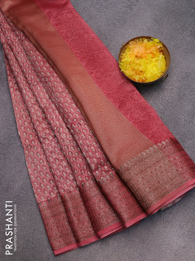 Chanderi silk cotton saree pastel pink with allover prints and woven border
