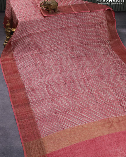 Chanderi silk cotton saree pastel pink with allover prints and woven border