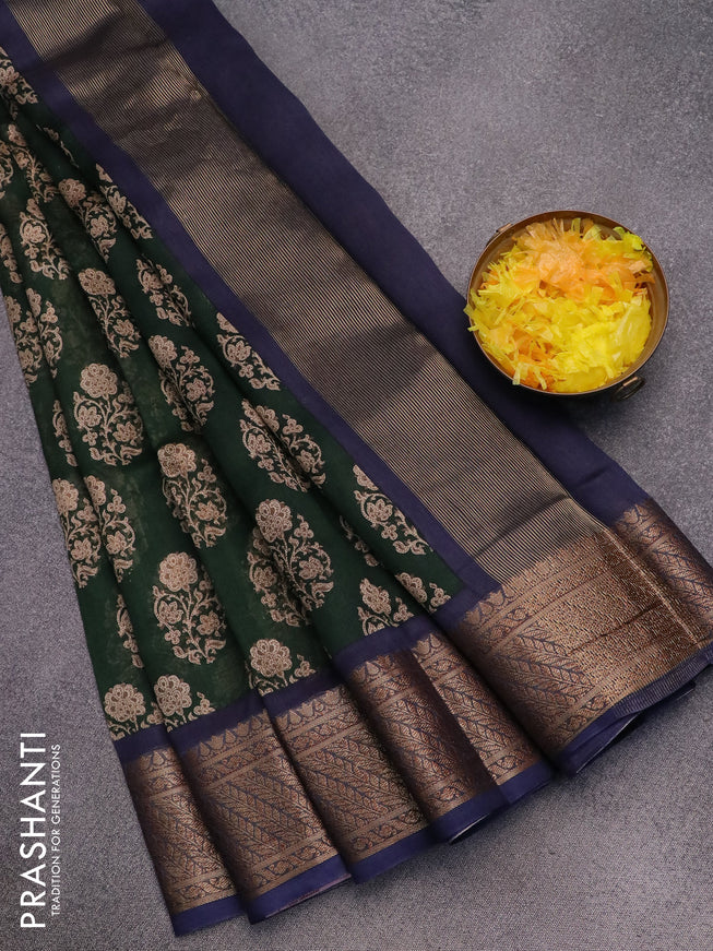Chanderi silk cotton saree bottle green and navy blue with allover floral butta prints and woven border