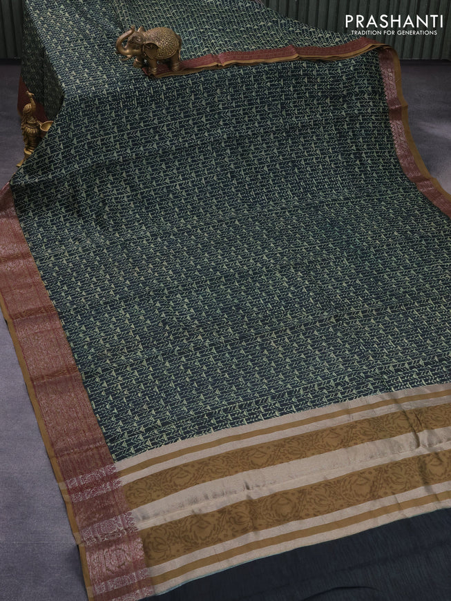Chanderi silk cotton saree bottle green and khaki shade with allover geometric prints and woven border