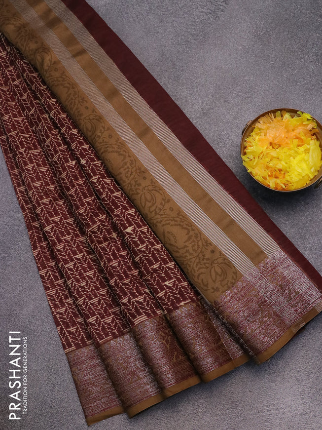 Chanderi silk cotton saree deep maroon and dark khaki with allover geometric prints and woven border