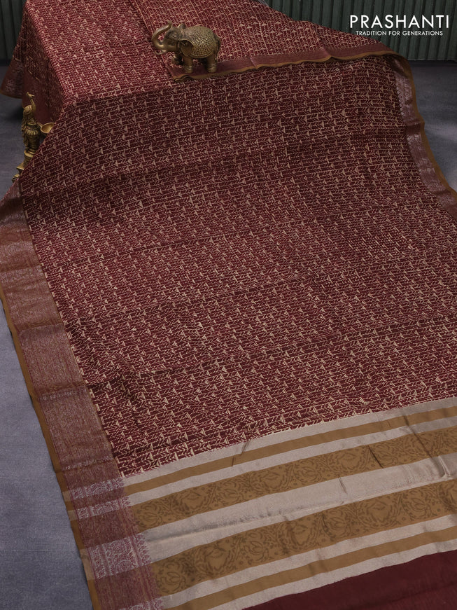 Chanderi silk cotton saree deep maroon and dark khaki with allover geometric prints and woven border