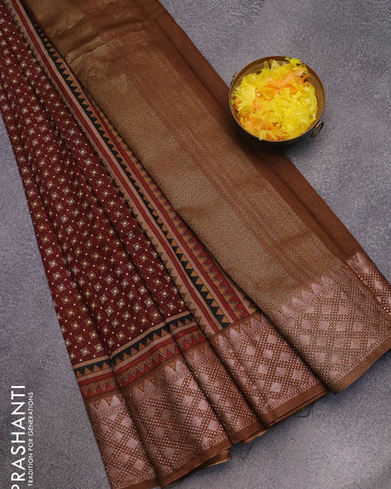 Chanderi silk cotton saree maroon and brown with allover prints and woven border
