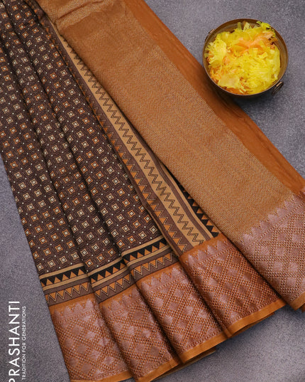 Chanderi silk cotton saree brown shade and dark mustard with allover prints and woven border