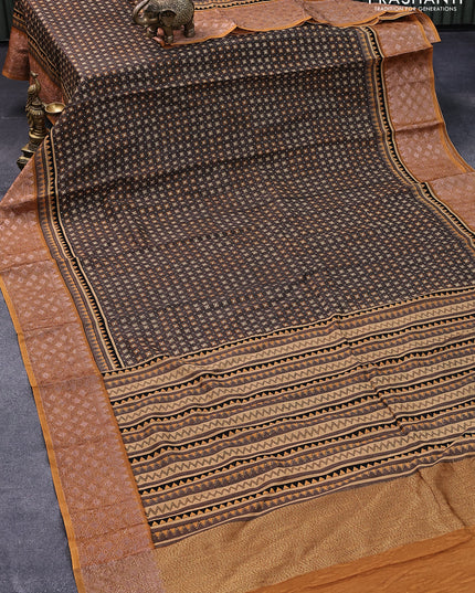 Chanderi silk cotton saree brown shade and dark mustard with allover prints and woven border