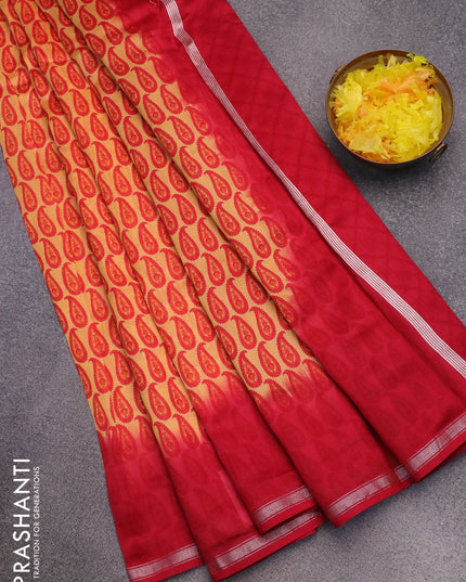 Chanderi silk cotton saree pale yellow and red with allover paisley prints and small zari woven border