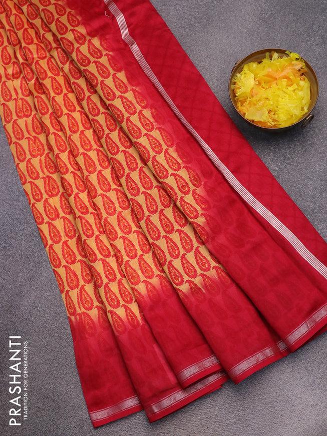 Chanderi silk cotton saree pale yellow and red with allover paisley prints and small zari woven border
