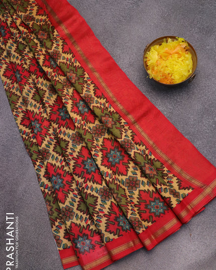 Chanderi silk cotton saree sandal green and red with allover ikat prints and small zari woven border